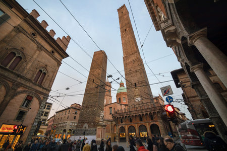 Italy, Bologna 12 February 2020.The most famous of the towers of Bologna are the central "Due Torri"のeditorial素材