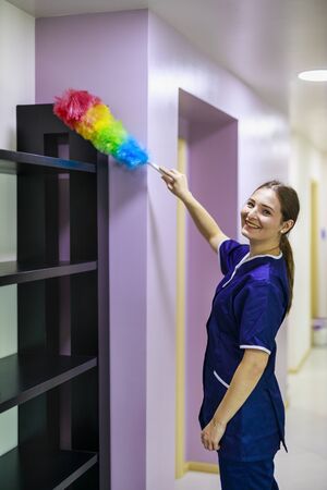Cleaning service. Cleaning woman. Woman hold colorful dusting brush. Grill cleaner with uniformの写真素材