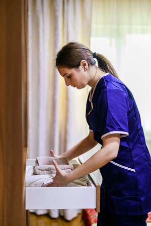 Portrait of a young maid arranging towels in drawersの写真素材