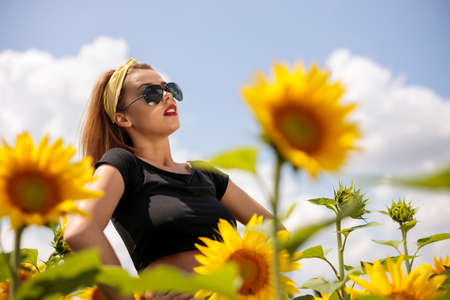 Pretty young woman on a sunflowers fieldの写真素材