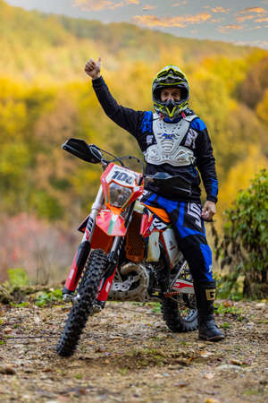 November 7, 2020, images from the enduro motorbike training made in the forest near Pitesti, Romania.のeditorial素材