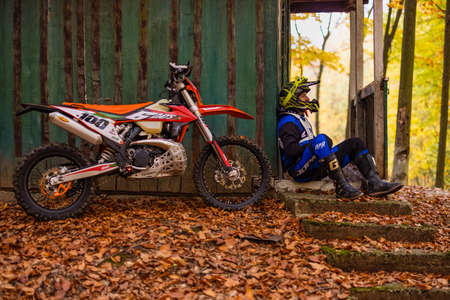 November 7, 2020, images from the enduro motorbike training made in the forest near Pitesti, Romania.のeditorial素材