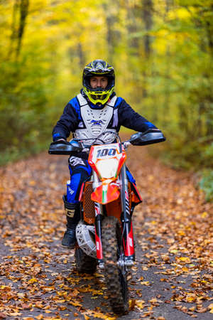 November 7, 2020, images from the enduro motorbike training made in the forest near Pitesti, Romania.のeditorial素材