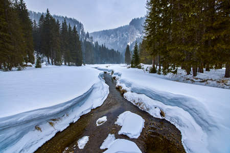 Beautiful winter landscape in the mountains, Bucegi Mountains Romania.の写真素材