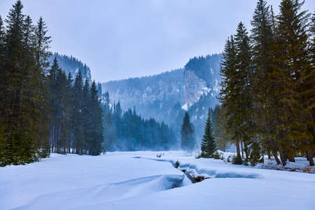 Beautiful winter landscape in the mountains, Bucegi Mountains Romania.の写真素材