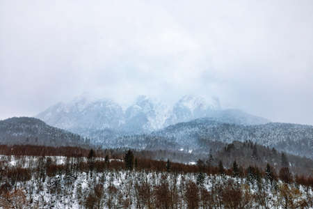 mountain landscape in winter on a cloudy day. Carpathian Mountains, Romania.の写真素材