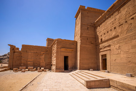 Edfu, ASWAN, EGYPT - 24 April 2021:  Temple of Isis at Philae island, in Lake Nasser, with...