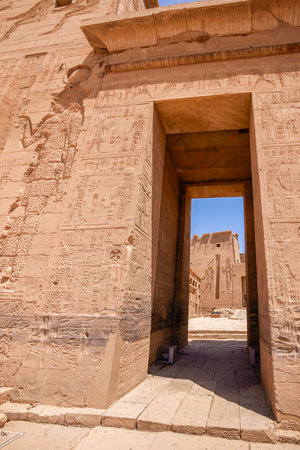 Edfu, ASWAN, EGYPT - 24 April 2021:  Temple of Isis at Philae island, in Lake Nasser, with...