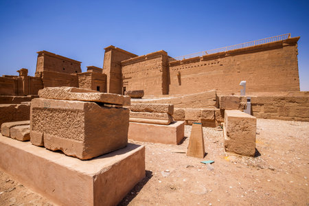 Edfu, ASWAN, EGYPT - 24 April 2021:  Temple of Isis at Philae island, in Lake Nasser, with...