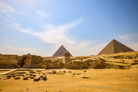 18 April 2021.The Great Sphinx and the Pyramids, famous Wonder of the World, Giza, Egyptのeditorial素材