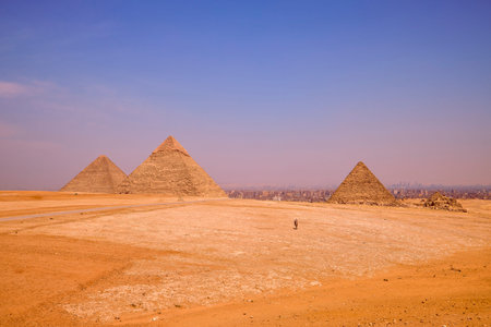 18 April 2021. Egypt, Cairo - Giza. General view of pyramidsのeditorial素材