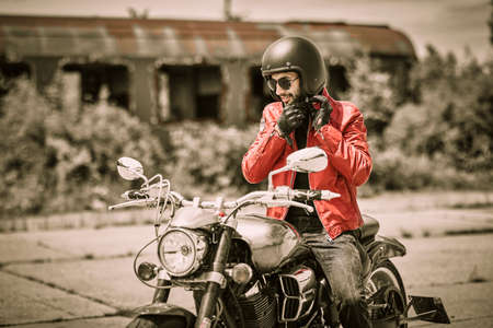 a nice man on a Chopper motorcycleの写真素材