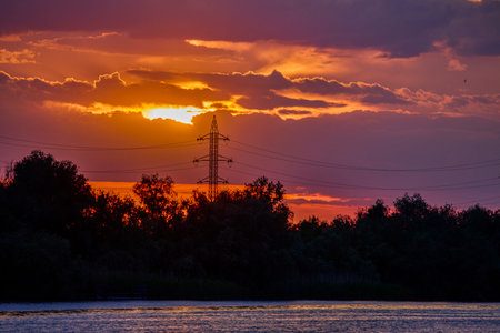 Beautiful landscape with sunset in the Danube Delta, Romaniaの写真素材