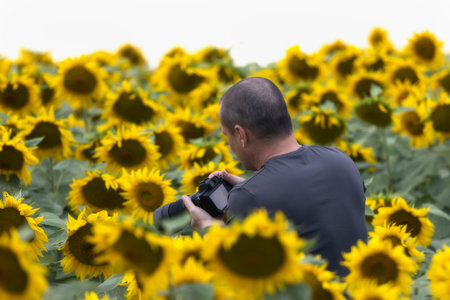 a professional photographer taking pictures in a sunflower plantation