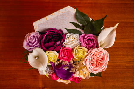 beautiful arrangement of artificial flowers for decorationの写真素材