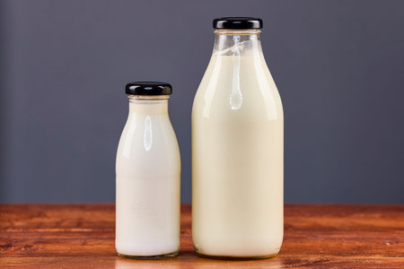 various dairy products in glass jars, organic products.