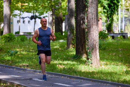 Man running in nature through the park, sports in the city.