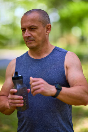 Stay hydrated. Sporty Caucasian drinking water from plastic bottle after his training at park.の写真素材