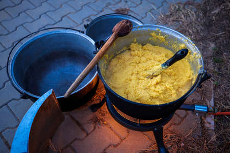 a large vessel in which a polenta is preparedの写真素材