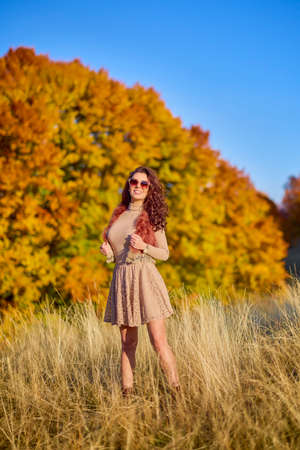 a beautiful elegant woman posing on a sunny autumn day.の写真素材