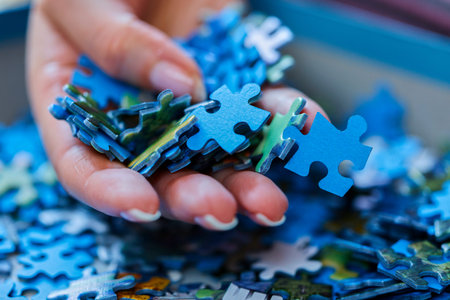 close up with puzzle pieces in blur backgroundの写真素材