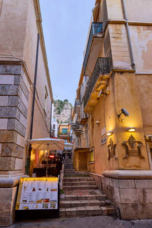 Taormina, Sicily - Italy - March 19, 2022: Pictures of the streets of Taormina, tourist attractions and symbols of the cityのeditorial素材