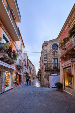 Taormina, Sicily - Italy - March 19, 2022: Pictures of the streets of Taormina, tourist attractions and symbols of the cityのeditorial素材