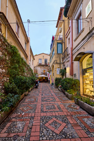 Taormina, Sicily - Italy - March 19, 2022: Pictures of the streets of Taormina, tourist attractions and symbols of the cityのeditorial素材
