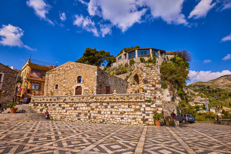 Taormina, Sicily - Italy - March 19, 2022: Pictures of the streets of Taormina, tourist attractions...