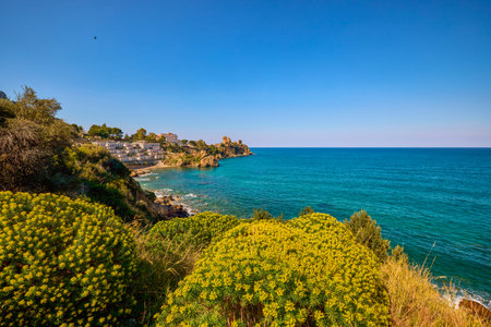 Beautiful landscape with a rocky sea shore on a sunny day