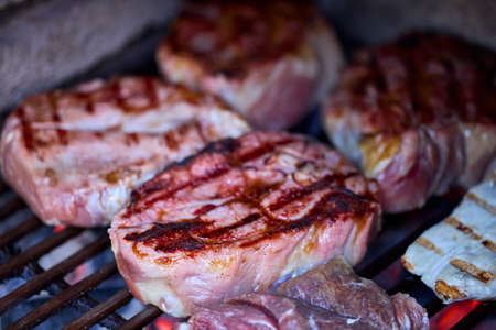 various pieces of grilled meat, grilled food.の写真素材
