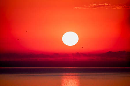 red sunrise reflected over a water on a summer dayの写真素材