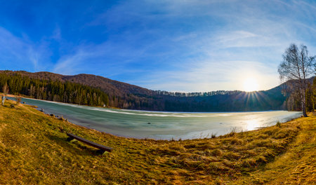 Beautiful landscape with St. Ana Lake in Romania, volcanic lake in December.の写真素材