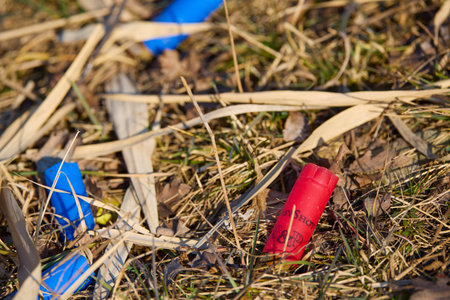 Empty cartridges in the grass from hunting guns
