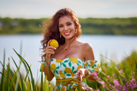 portrait of a beautiful woman with lemons on a meadow near a lake.の写真素材