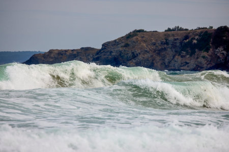Abstract landscape with sea waves at the shore on a windy day.