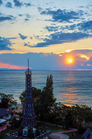 Landscape with the sunrise among the clouds at the sea.の写真素材