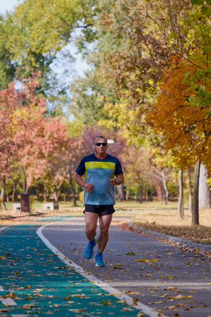 Portrait of a middle-aged man running in the park on an autumn day.の写真素材