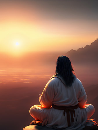 Silhouette of a woman in a robe sitting on the top of a mountain and watching the sunriseの素材