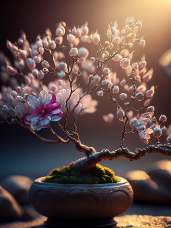 Bonsai tree with pink magnolia flowers on a dark backgroundの素材