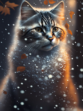Fantasy portrait of a cat in the snow with falling leaves.の素材