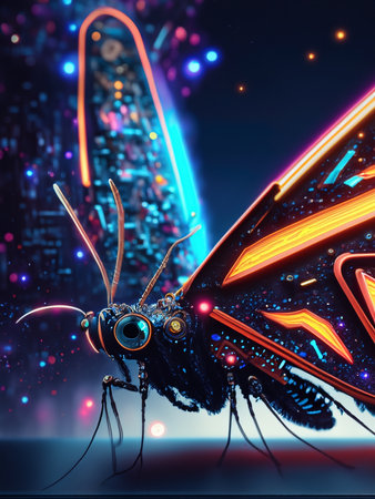 3D illustration of a beautiful butterfly with neon lights in the backgroundの素材