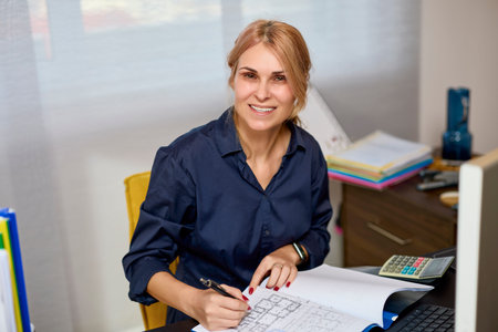 Back to work, Middle aged business woman working at office, different poses.