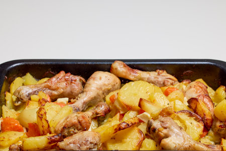 Chicken thighs with potatoes ready to eat.の写真素材