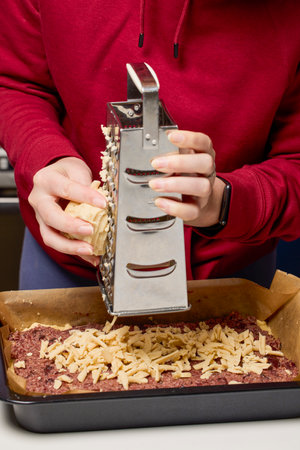 The hands of a woman preparing a traditional homemade dough cake in the kitchen.の写真素材