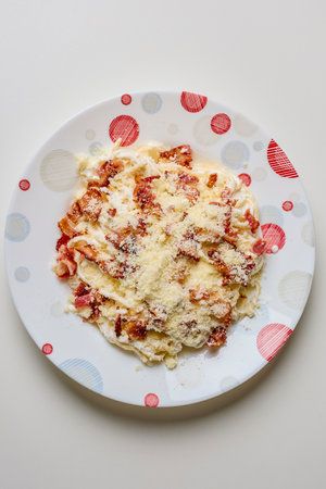 A plate of Spaghetti with Parmesan and bacon.の写真素材