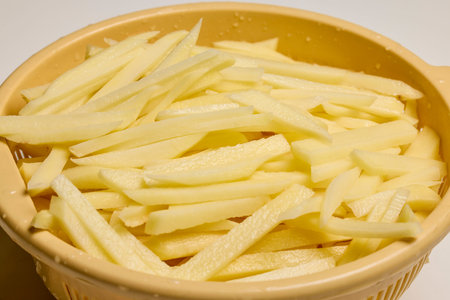 Cut potatoes in a bowl ready to be fried.