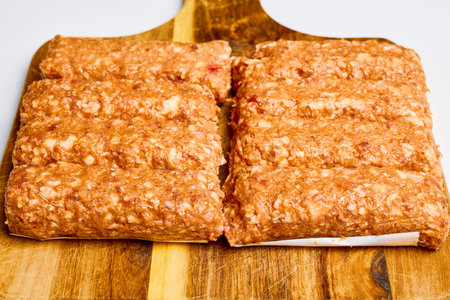 Meat rolls called (small) on a wooden counter, before being cooked, traditional Romanian food.の写真素材