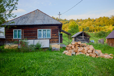 landscape with different traditional houses from Maramures, Romania, Houses built predominantly from wood.の写真素材