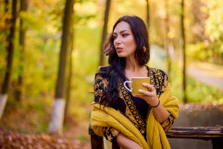 the beautiful brunette a blanket and a cup in the forest during autumnの写真素材